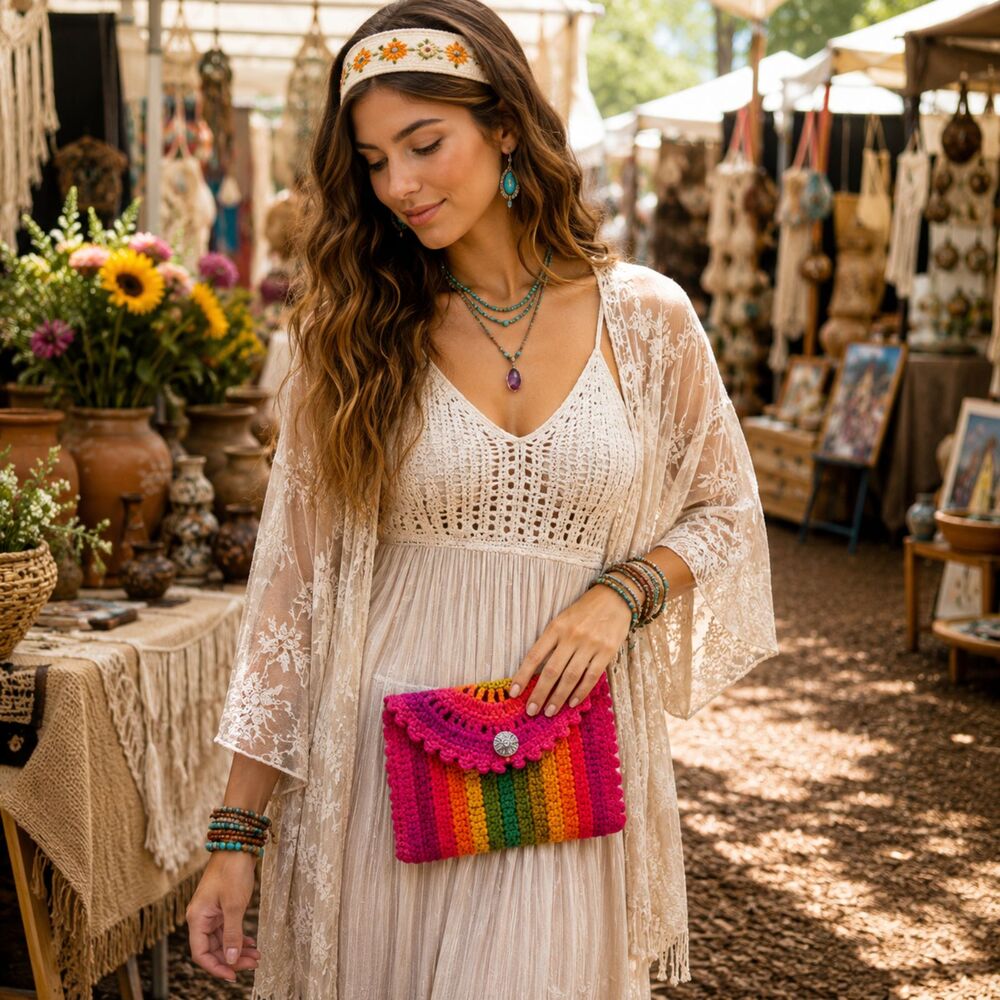 Handmade Crochet Clutch Purse 8x6 Boho Stripe Festival Colorful Artisan Bag
